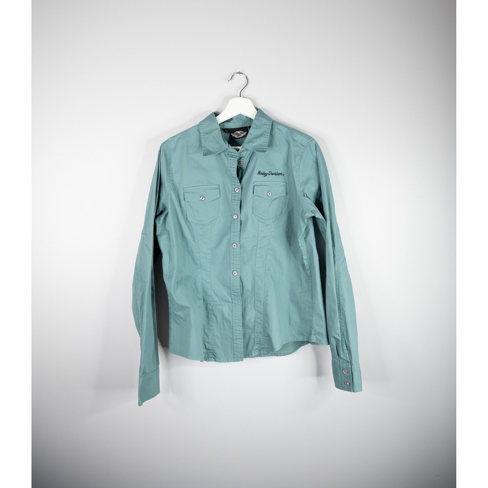 Harley Davidson Button Up Shirt Womens Large Teal Blue Long Sleeve Cotton Blend